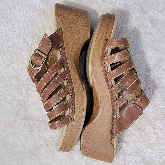 Dansko Marion Brown Slip On Leather Strappy Clog Wedge Sandals EU Womens 41 9.5‎ - Picture 1 of 13